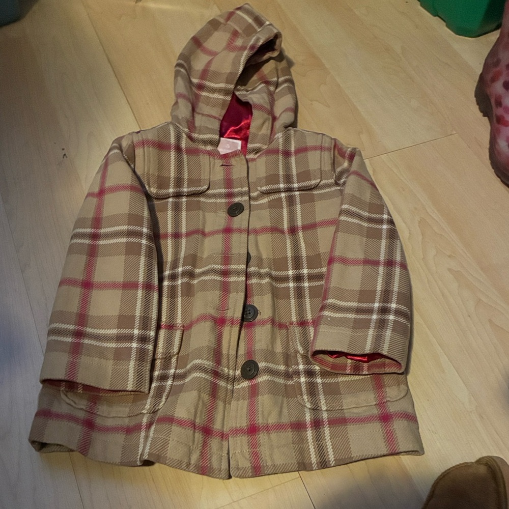 Old Navy Kids Plaid Hooded Coat - Tan and Pink